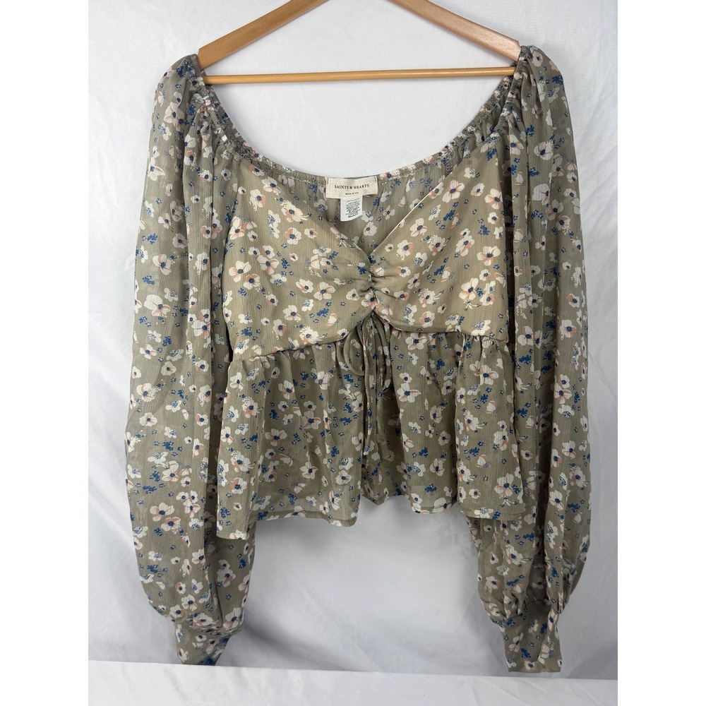Saints & Hearts Size M Floral Peplum Tie Front Babydoll Boho Blouse